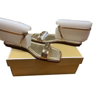 Michael Kors Clara Gold Metallic Leather Flat Sandals Square Toe MK Logo 9M